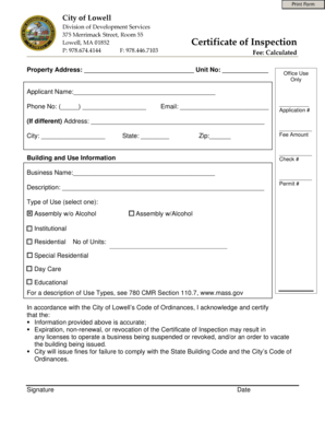 City of Lowell Certificate of Inspection