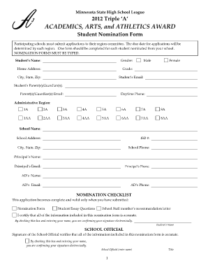 Minnesota State High School League Triple A Award Nomination Form
