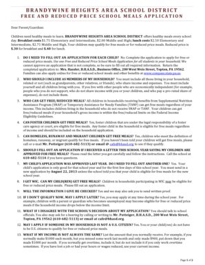 Brandywine Heights School District Free and Reduced Price School Meals Application