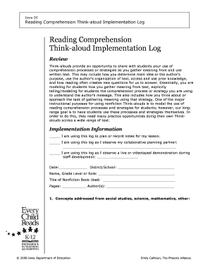 Iowa Reading Comprehension Think-aloud Implementation Log