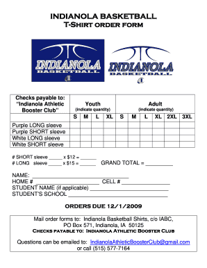 INDIANOLA BASKETBALL T-Shirt order form Checks payable to