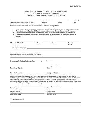 Parental Authorization and Release Form for Prescription Medication