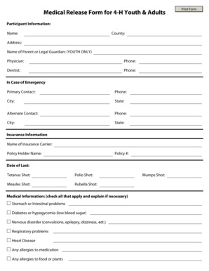 Medical Release Form for 4-H Youth & Adults