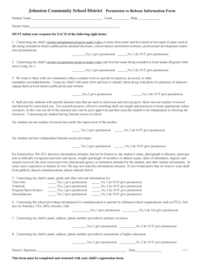 Johnston Community School District Permission to Release Information Form