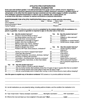 Athletic Pre-Participation Physical Examination Form