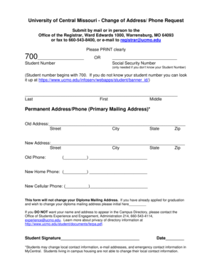 University of Central Missouri Change of Address/Phone Request