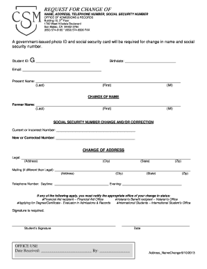 Request for Change of Name, Address, Telephone Number, Social Security Number