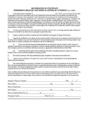 Archdiocese of Cincinnati Permission Release and Medical Power of Attorney
