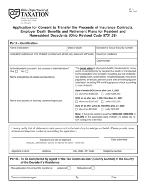 Ohio Application for Consent to Transfer Insurance and Retirement Benefits