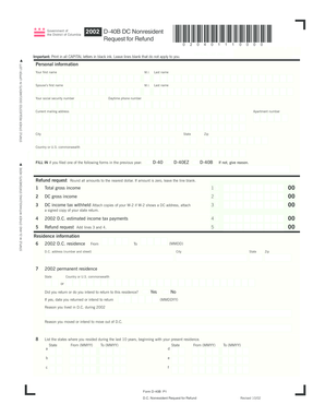 DC Nonresident Request for Refund Form D-40B