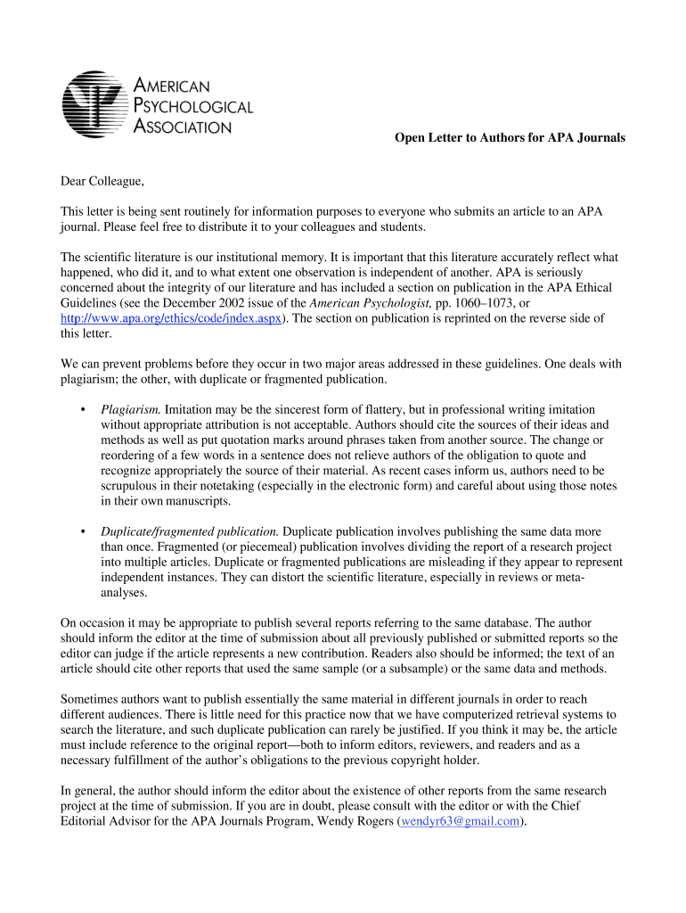 Fillable Online Open Letter to Authors for APA Journals Fax Email Print ...