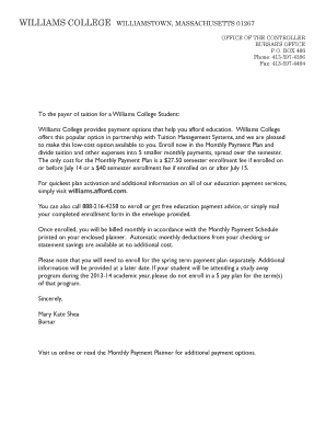 Williams College Monthly Payment Plan Enrollment