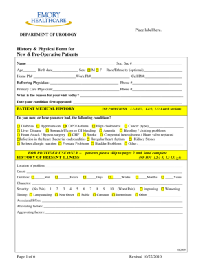 Urology History & Physical Form