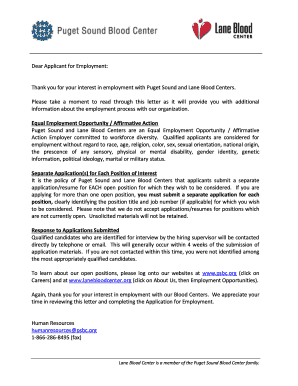 Puget Sound and Lane Blood Centers Employment Application