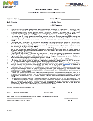 Public Schools Athletic League Parental Consent Form