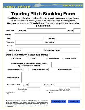 Touring Pitch Booking Form