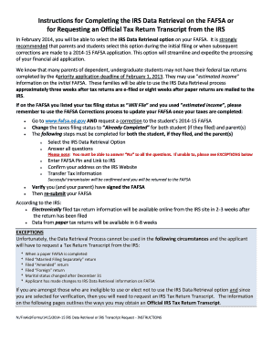 IRS Data Retrieval or IRS Transcript Request Instructions