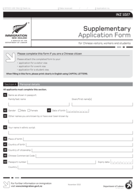 Supplementary Application Form for Chinese Visitors, Workers and Students