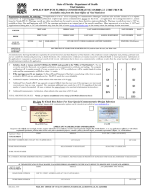 Florida Commemorative Marriage Certificate Application