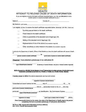Affidavit to Release Cause of Death Information