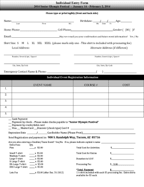 2014 Senior Olympic Festival Individual Entry Form