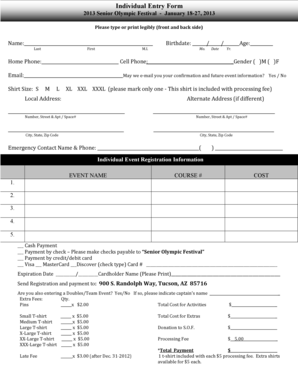 2013 Senior Olympic Festival Individual Entry Form