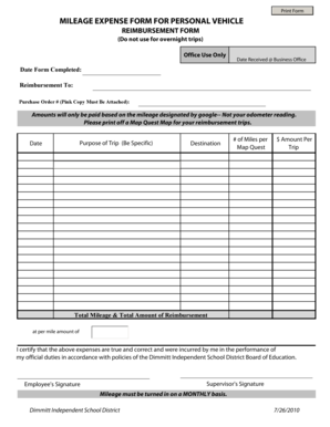 Fuel claim form template - Personal Vehicle Mileage Reimbursement Form - Dimmitt ISD