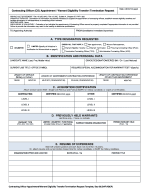 Contracting Officer Appointment/Warrant Eligibility Transfer/Termination Request