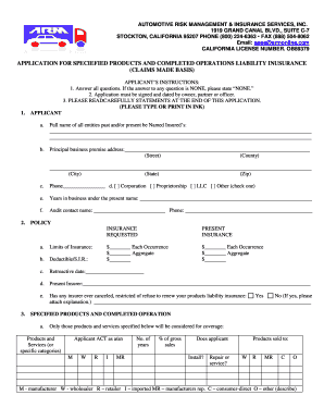 California Specified Products and Completed Operations Liability Insurance Application