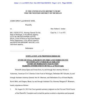 Speet v Schuette - Stipulation and Proposed Order re Entry of Final Judgment on First and Third Counts of Complaint under Rule 54B and Entry of Permanent Injunction Barring Enforcement of MCL 7501671h - clearinghouse