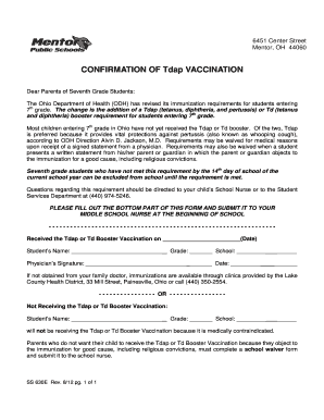 Ohio Tdap Vaccination Confirmation Form