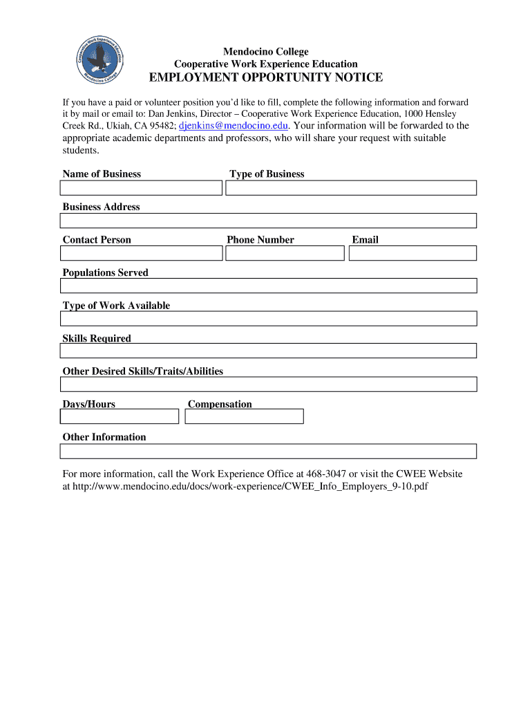 Fillable Online mendocino Employer Job Notification form Mendocino