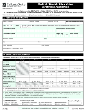 California Medical/Dental/Life/Vision Enrollment Application