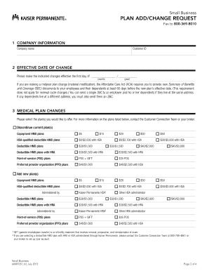 Kaiser Permanente Small Business Plan Add/Change Request