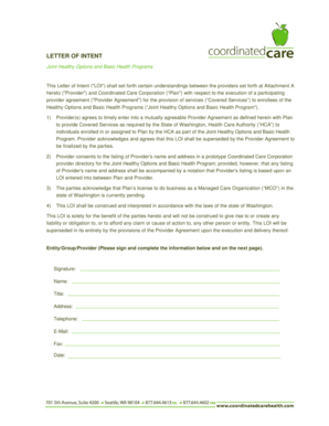 Letter of Intent for Washington Healthcare Provider Agreement