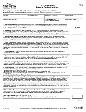 2013 Nova Scotia TD1NS Personal Tax Credits Return