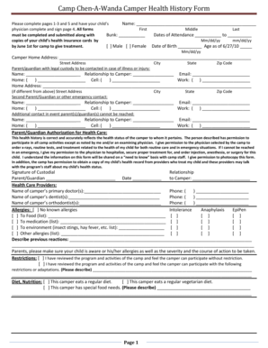 Camp Chen-A-Wanda Camper Health History Form