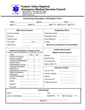 Hudson Valley EMS Continuing Education Verification Form