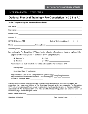 Optional Practical Training Pre-Completion Form