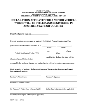 Florida Motor Vehicle Declaration Affidavit
