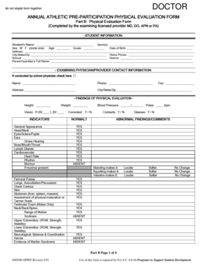 New Jersey Annual Athletic Pre-Participation Physical Evaluation Form