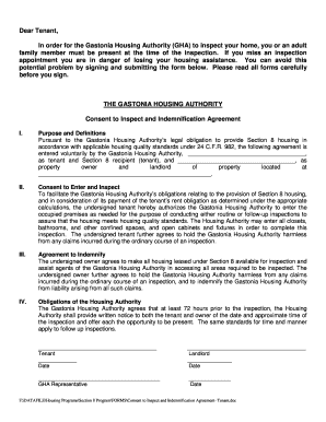 Gastonia Housing Authority Consent to Inspect and Indemnification Agreement