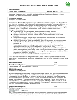 Michigan 4-H Youth Code of Conduct and Media Medical Release Form