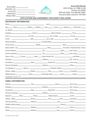 California Surety Bail Bond Application and Agreement