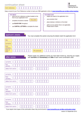 DBS Application Continuation Sheet