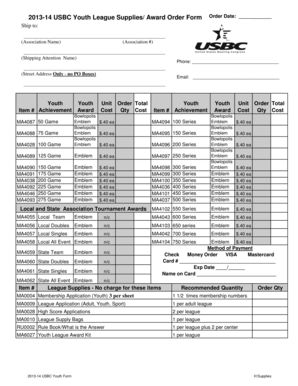 USBC Youth League Supplies Award Order Form