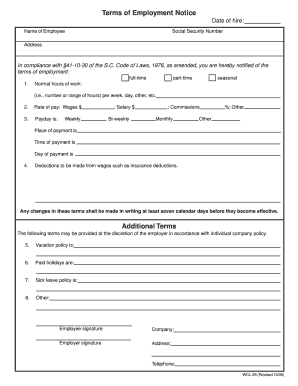 South Carolina Terms of Employment Notice
