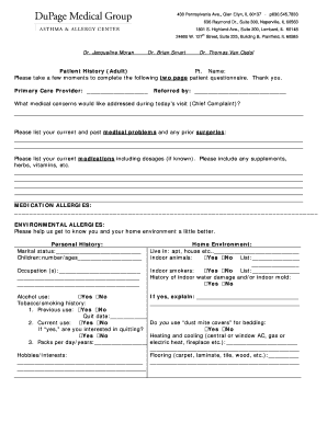 Printable ob history form - New Patient History Form Adult - Asthma & Allergy - DuPage ...