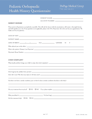 Pediatric Orthopaedic Health History Questionnaire