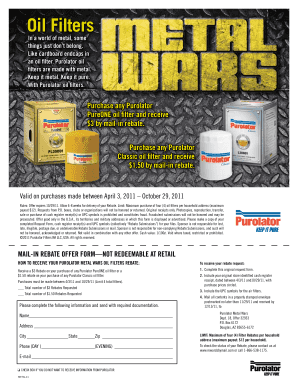Purolator Oil Filter Mail-In Rebate Form